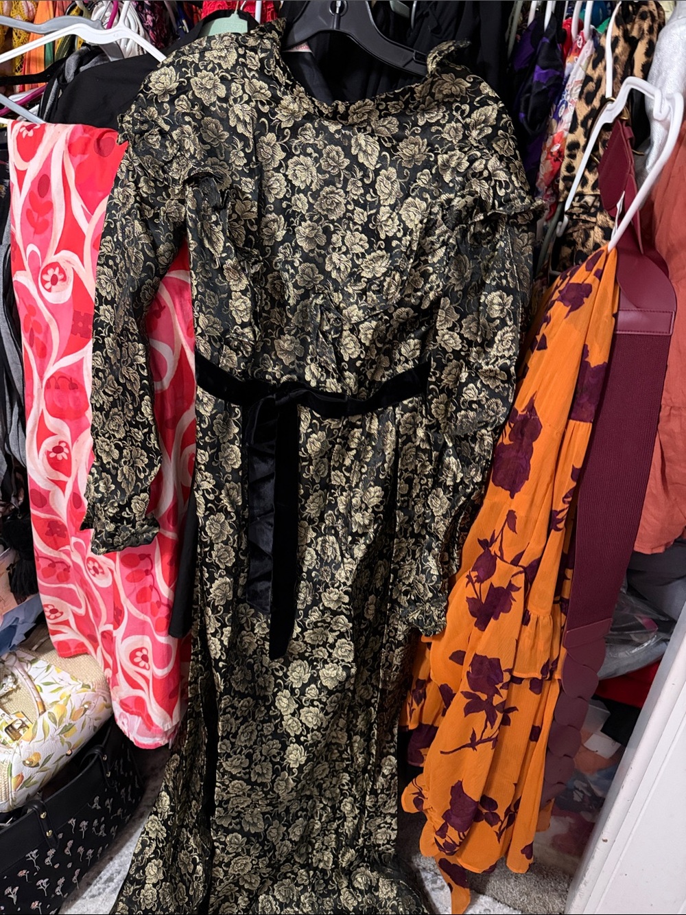 Black and Gold Floral Maxi Dress with Velvet Tie